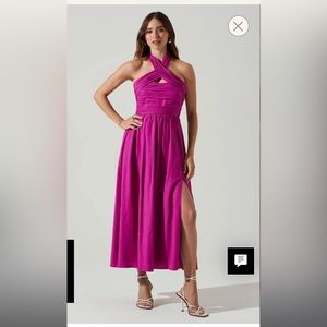 ZARIA PLEATED HALTER MIDI DRESS SMALL ASTR THE LABEL